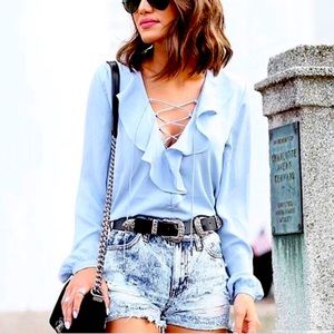 L’ Academie Silky Blue Ruffle Blouse